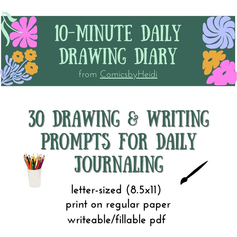 30 Daily Drawing & Writing Journal Prompts digital Download, Printable