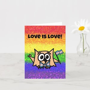 Love is Love Trans Pride Flag Greeting Card on Rainbow Background with Ollie the Owl