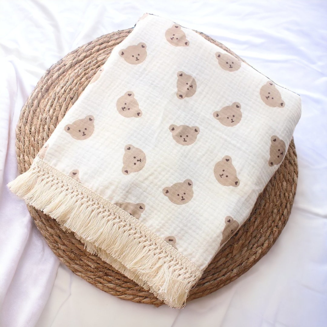 Organic Baby Blankets Muslin Swaddle for Newborn Fringe Double Layer