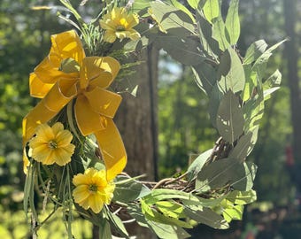 Front door wreath, custom yellow flower wreath, Grape vine wreath, silk yellow flower wreath, Year round wreath, gift,