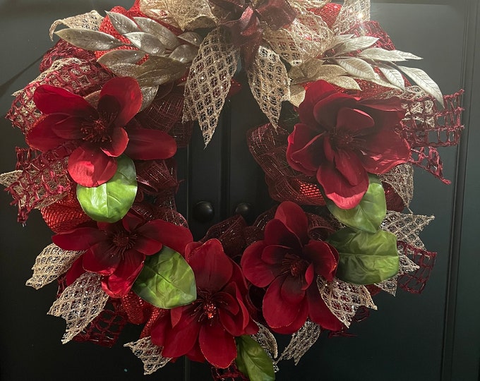 Featured listing image: Red Magnolia Wreath, Front Door Wreath, Year Round Wreath,  Flower Wreath