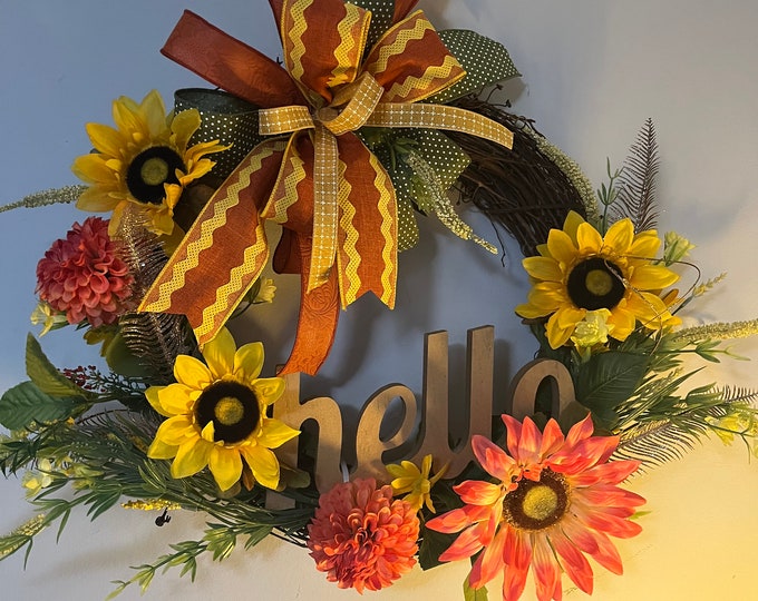Featured listing image: Sunflowers Wreath, Grapevine Wreath, Front Door Wreath, Year Round Wreath, Hello Wreath
