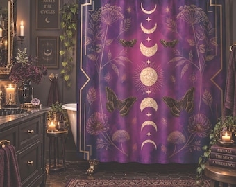 Dark Academia Moon Phase Shower Curtain | Celestial Gothic Botanicals (100% Polyester)