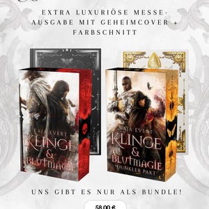 Könnte beinhalten: Werbebild für "Klinge & Blutmagie" Bücher. Das Bild zeigt zwei Buchpakete mit auffälligen Covern, eines mit rotem Buchrücken und das andere mit goldenem Buchrücken. Der Text enthält "Extra luxuriöse Messeausgabe" und den Namen des Autors.
