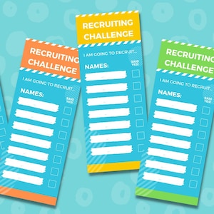 May include: Five colorful recruiting challenge checklists. Each checklist has a different colored header: red, orange, yellow, green, and purple. The checklists have the text "RECRUITING CHALLENGE", "I AM GOING TO RECRUIT...", and "NAMES:" with check boxes.