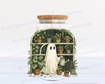 Jardinero fantasma, transferencia UV DTF, transferencia espeluznante, envoltura para vasos de vidrio, envoltura UV DTF, calcomanía fantasma, calcomanía de Halloween, Plant Mama, vaso de Halloween