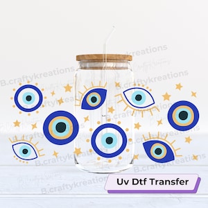 Mal de ojo, transferencia UV DTF, transferencia espiritual, envoltura para vaso de vidrio, envoltura UV DTF, calcomanía, calcomanía de mal de ojo, transferencia de protección, envoltura para lata de 16 oz