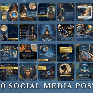 Bewerkbare Tarot Reiki Meditatie Religie en spiritueel Canva Gratis sjablonen voor sociale media 30 berichten 10 verhalen 8 markeerpictogrammen