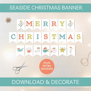 Seaside Frohe Weihnachten Banner, druckbare Küsten Urlaub Wimpelkette (digitaler Download)