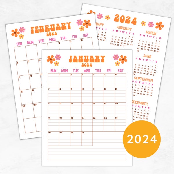 2024 Printable Calendar Vertical, Lined/Unlined Digital Download PDF, Monthly Planner, Groovy Retro Daisies, 12 Month Sunday Start, Portrait
