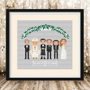 May include: Cross-stitch pattern featuring a wedding scene with a bride and groom, two bridesmaids, two groomsmen, and an officiant. The couple is standing under a green floral arch. The text "You are my happy ending" is below the figures.