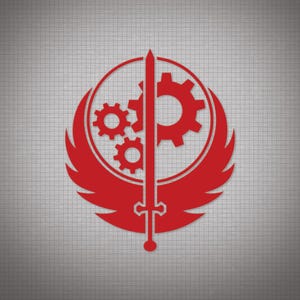 Peut inclure: Logo rouge et blanc avec une épée et trois engrenages à l'intérieur d'un cercle avec des ailes. Le logo est sur un fond gris.