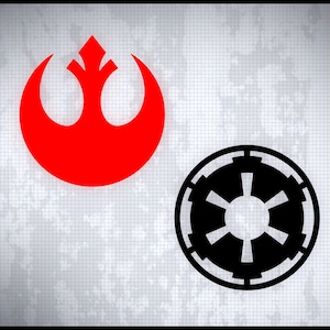 Könnte beinhalten: Ein Grafikdesign mit einem leuchtend roten Rebellen-Allianz-Symbol, das sich links oben neben einem massiven schwarzen Emblem des Galaktischen Imperiums befindet, alles vor einem hellgrauen Hintergrund mit einem feinen Gittermuster.