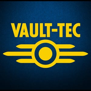 May include: A yellow Vault-Tec logo on a dark blue background. The logo features a circle with three lines extending from it.