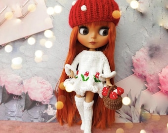 Blythe doll clothes Mushroom amanita outfit, Set of 4 for 11- 12 inch doll, Neo Blythe summer autumn white costume, Beret Sweater doll socks