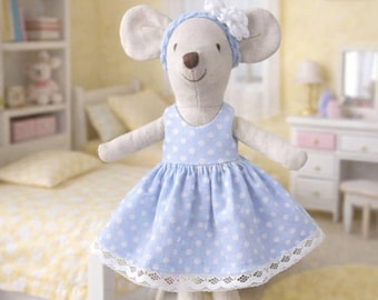 Vestido de ratón Maileg con lunares azules, ropa de ratón hecha a mano, diadema de punto, atuendo de ratón Maileg, regalo de ropa para muñecas
