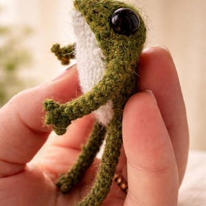 Op de afbeelding: Een handgemaakte gehaakte kikker in groen- en wittinten, met grote zwarte ogen. De kikker is afgebeeld met uitgestrekte armen, wat het gedetailleerde haakwerk benadrukt. Een charmant, grillig decoratief item.