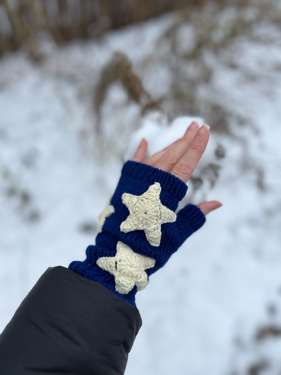 Blue Star Fingerless Gloves, Merino Wool Wrist Warmers With