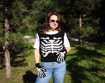 Skeleton Vest gloves Women S M oversized | Skeleton Gloves Women Men | Unique Knitted Clothing | Gothic black and white Knit