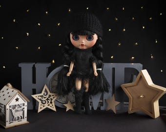 Blythe doll clothes black dress Outfit, 11 - 12 inches doll clothes for neo Blythe, knitted dress with hat & socks, handmade costume
