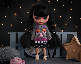 Blythe doll clothes Handmade Blythe Doll Sweater – Knitted Monster Face Pullover, Gothic Kawaii Doll Clothes, Unique Blythe Outfit