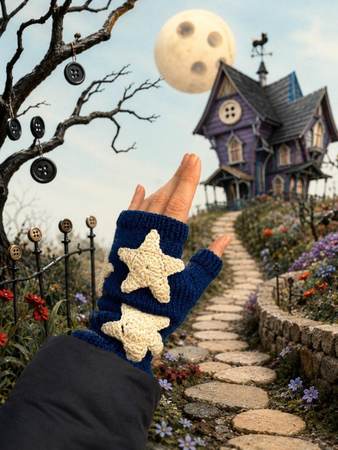 Blue Star Fingerless Gloves, Merino Wool Wrist Warmers With