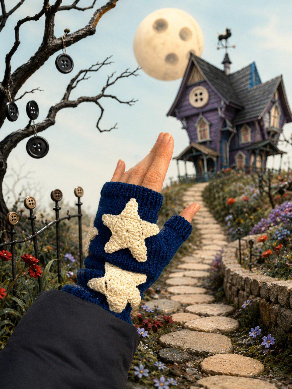 Blue Star Fingerless Gloves, Merino Wool Wrist Warmers With