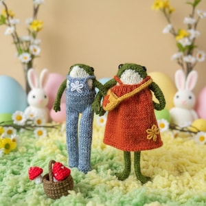 May include: Two knitted frog figurines, one in blue overalls and the other in an orange dress, holding hands. A small basket with mushrooms sits in front of them. Easter eggs and bunny figurines are in the background. The scene is set on a green and yellow textured surface.