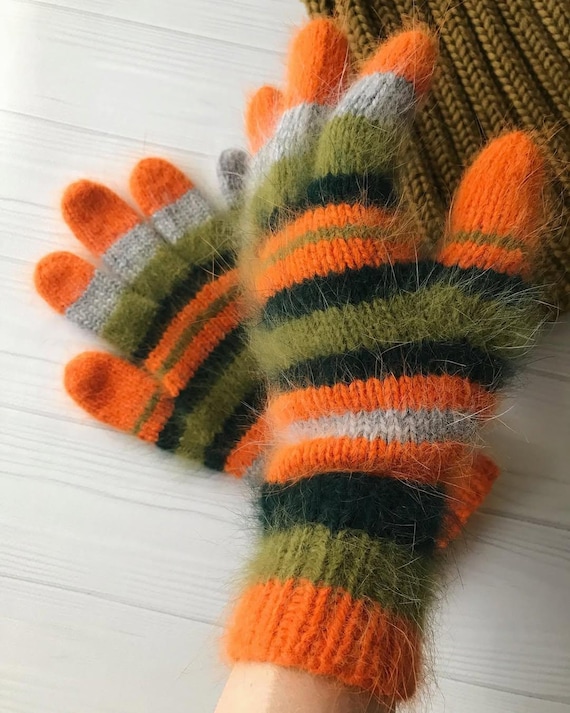 Angora Knit Gloves, Striped Winter Mittens, Whimsical Hand Knitted