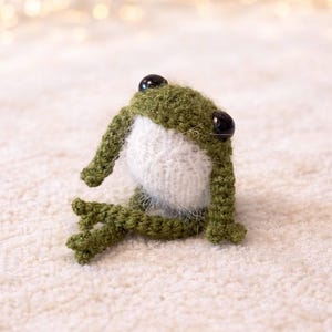 Könnte beinhalten: Eine handgefertigte, gestrickte Froschfigur. Der Frosch ist hauptsächlich grün mit einem weißen Bauch und großen schwarzen Augen. Der Frosch sitzt auf einer weichen, strukturierten Oberfläche, mit einem verschwommenen Hintergrund aus warmen, leuchtenden Lichtern.