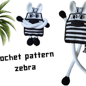 Puede incluir: Patrón de crochet para una cebra. La cebra es negra y blanca con una cola larga y patas largas. El patrón está escrito en inglés.