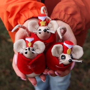 Può includere: Tre ornamenti a forma di topo fatti a mano. Ogni topo è vestito con una giacca rossa e un cappello rosso abbinato con finiture bianche e dorate. I topi hanno orecchie color cuoio, baffi bianchi e occhi neri. Gli ornamenti sono tenuti nelle mani di una persona.