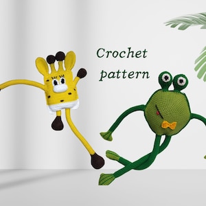 May include: Crochet pattern for a yellow giraffe and a green frog amigurumi toy. The giraffe has brown spots and a white belly. The frog has a yellow bow tie and black eyes.