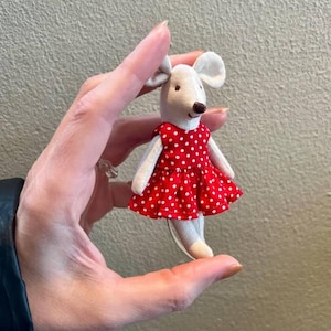Miniature mouse 3 inches Christmas gift red dress & Headband wardrobe Maileg Mouse inspired Little Sister mini cotton pocket doll toddler