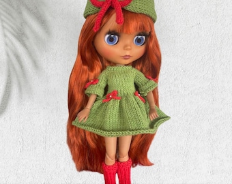 Blythe Doll Outfit, Knitted Dress with Hat & Socks, 11-12 inch Neo Blythe Clothes, Handmade Holiday Costume