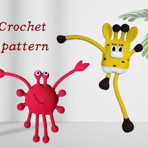 Może przedstawiać: Wzór na szydełku na czerwonego kraba i żółtą żyrafę amigurumi. Krab ma osiem nóg i dwa duże oczy. Żyrafa ma długą szyję i cztery nogi.