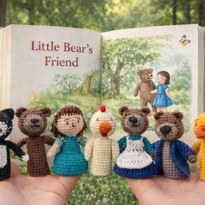 Bambole Little Bears Friend – Set di marionette da dito – Personaggi di storie fatti a mano all'uncinetto, personaggi di libri di fiabe, collezione Little Bear Family Friend