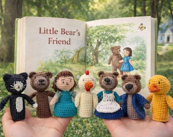 Little Bears Friend dolls – Finger Puppet Set –Handmade Crochet Story Characters, Storybook characters, Little Bear Family Friend Collection