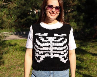 Dare to wear your bones on the outside Skeleton vest crochet, bare bones gothic fashion punk sweater, goth girl outfit black white vest