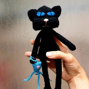 Coraline Cat Plush – Handmade Crochet Black Cat Toy + Mini Squid Gift, Gothic Amigurumi Doll, Inspired Gift