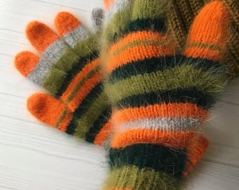 Angora Knit Gloves, Striped Winter Mittens, Whimsical Hand Knitted Gloves, Soft Warm Gift for Mom Daughter, Cozy Custom Wrist Warmers