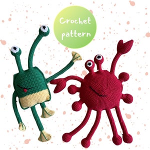 Op de afbeelding: Haakpatroon voor een groene alien en een rode krab. De alien heeft drie poten en twee antennes. De krab heeft acht poten en twee ogen. Beide speelgoedjes zijn gemaakt van garen en hebben een eigenzinnige, cartoonachtige stijl.