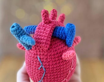 May include: A handmade crochet heart in shades of red and blue. The anatomical heart features blue veins and arteries, with delicate blue stitching details. The soft sculpture is held in a hand, showcasing the intricate crochet work.