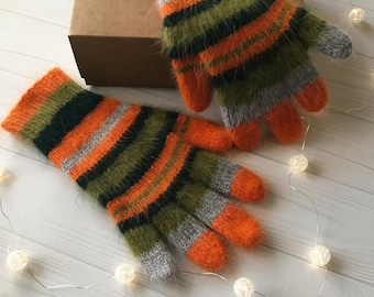 Angora Knit Gloves, Striped Winter Mittens, Whimsical Hand Knitted