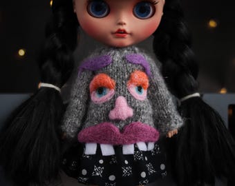 Blythe doll clothes Handmade Blythe Doll Sweater – Knitted Monster Face Pullover, Gothic Kawaii Doll Clothes, Unique Blythe Outfit
