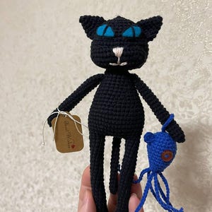 Coraline Cat Plush – Handmade Crochet Black Cat Toy + Mini Squid Gift, Gothic Amigurumi Doll, Inspired Gift