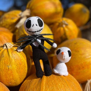 Può includere: Figure all'uncinetto di Jack Skellington e Zero da The Nightmare Before Christmas, poste su un mucchio di zucche arancioni. Jack indossa un abito nero con il viso bianco. Zero è bianco con occhi neri e un piccolo naso arancione.