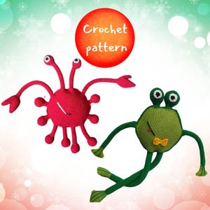 May include: Crochet pattern for a red crab and a green frog amigurumi toy. The crab has six legs and two eyes. The frog has four legs and two eyes. The pattern is written in English.