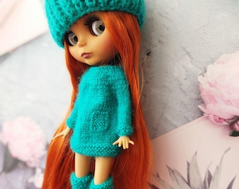Blythe doll clothes dress Outfit, 11 - 12 inches doll clothes for neo Blythe, knitted dress with hat & socks, handmade costume