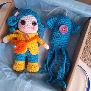 Coraline Doll Mini Crochet set, Blue Button-Eye Squid Friend, Christmas gift kids, teen 16 birthday daughter BF gift Coraline